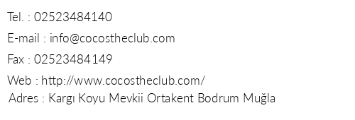 Cocos The Club telefon numaralar, faks, e-mail, posta adresi ve iletiim bilgileri